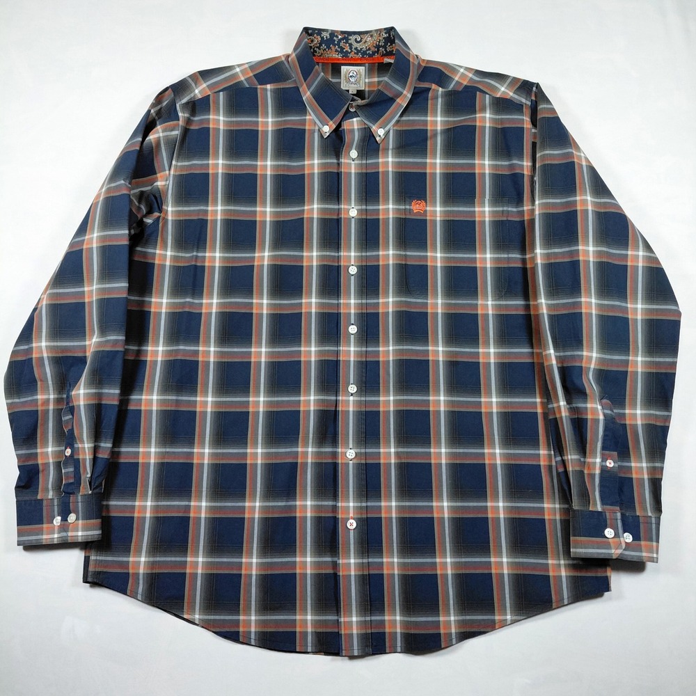 Cinch Mens Large Long Sleeve Button Down Shirt Blue Orange Plaid Paisley Trim - Picture 3 of 13